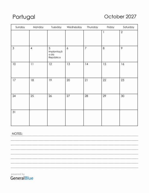 October 2027 Portugal Calendar with Holidays (Sunday Start)