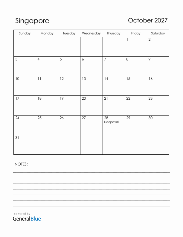 October 2027 Singapore Calendar with Holidays (Sunday Start)