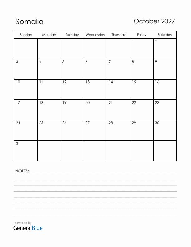 October 2027 Somalia Calendar with Holidays (Sunday Start)