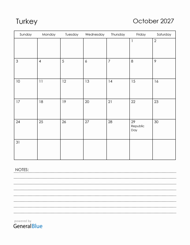 October 2027 Turkey Calendar with Holidays (Sunday Start)