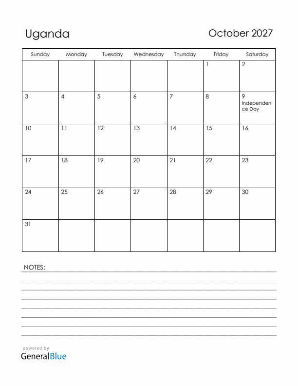 October 2027 Uganda Calendar with Holidays (Sunday Start)