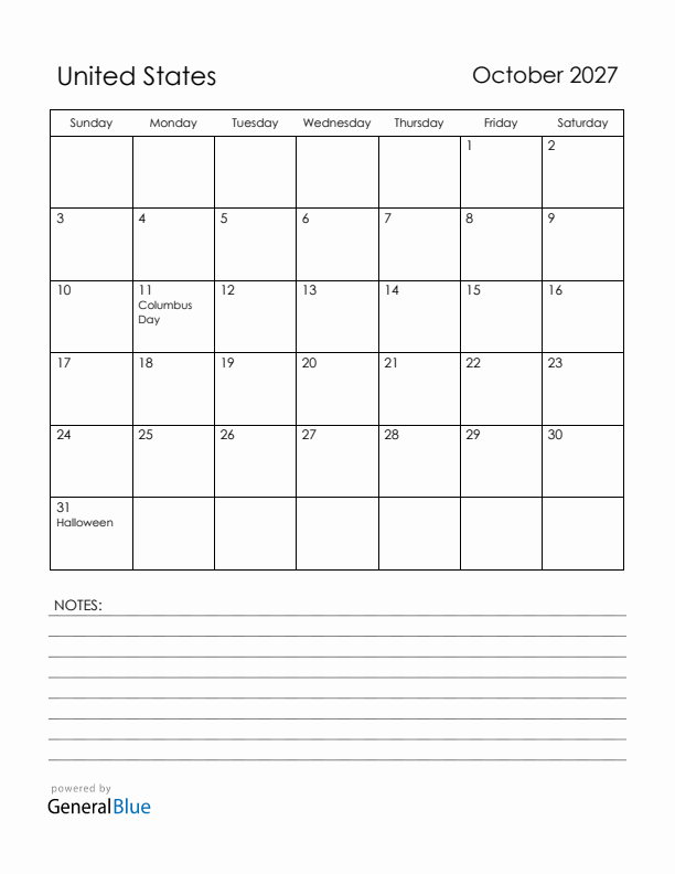 October 2027 United States Calendar with Holidays (Sunday Start)