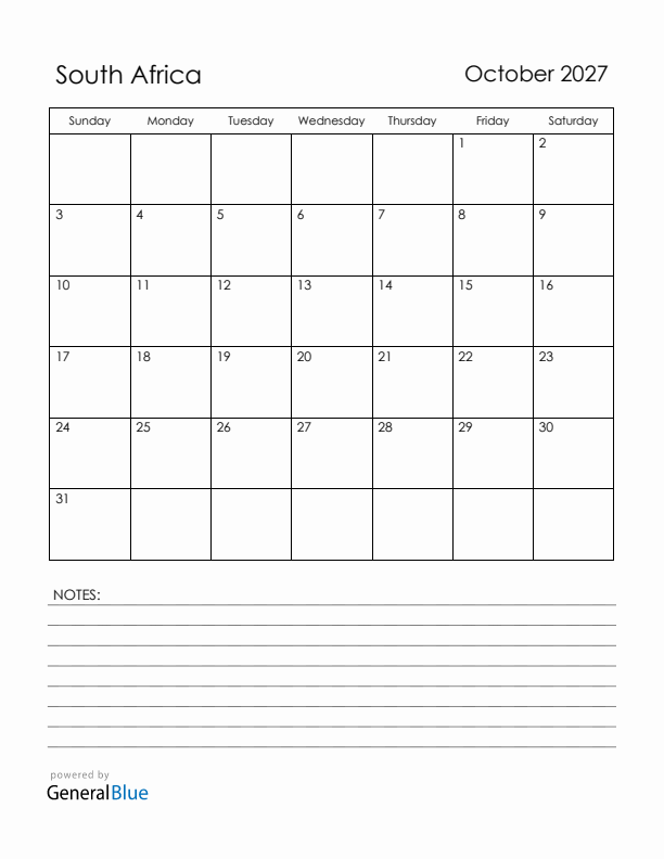 October 2027 South Africa Calendar with Holidays (Sunday Start)