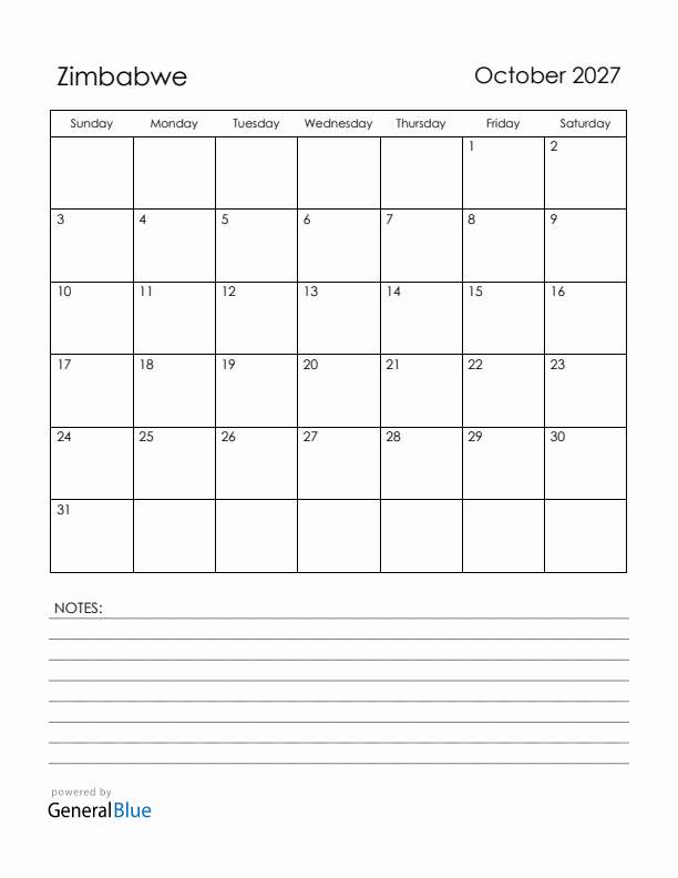 October 2027 Zimbabwe Calendar with Holidays (Sunday Start)