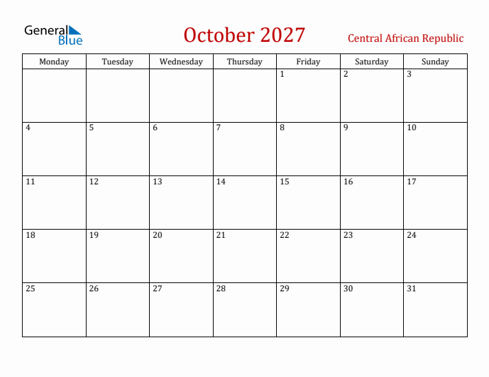 Central African Republic October 2027 Calendar - Monday Start