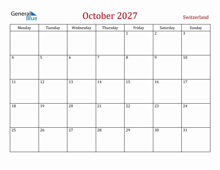 Switzerland October 2027 Calendar - Monday Start