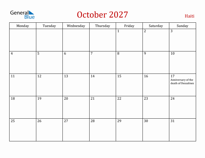 Haiti October 2027 Calendar - Monday Start