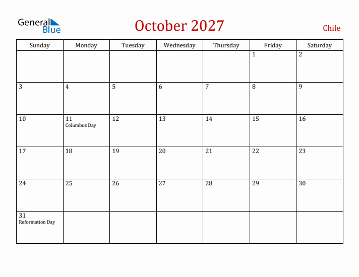 Chile October 2027 Calendar - Sunday Start