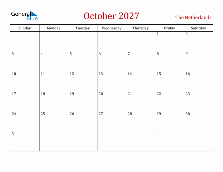 The Netherlands October 2027 Calendar - Sunday Start