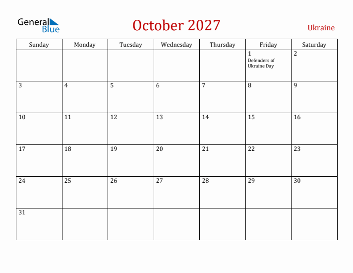 Ukraine October 2027 Calendar - Sunday Start