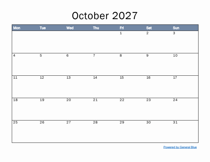 October 2027 Simple Month Calendar Template