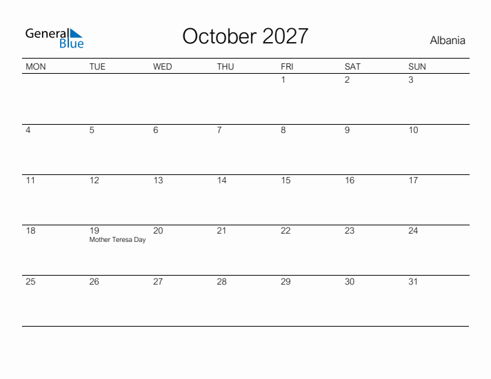 Printable October 2027 Calendar for Albania