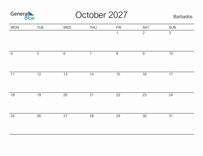 Printable October 2027 Calendar for Barbados