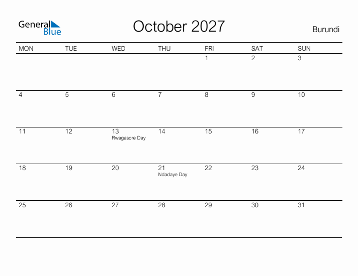 Printable October 2027 Calendar for Burundi