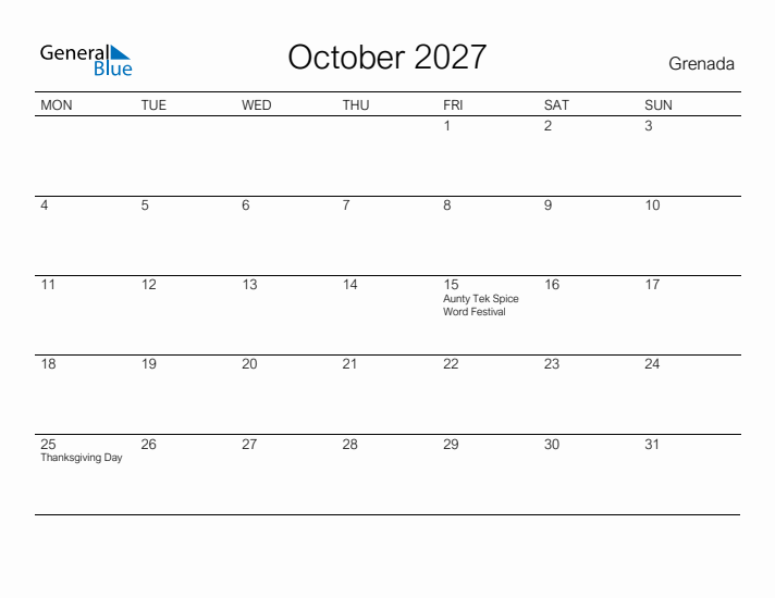 Printable October 2027 Calendar for Grenada