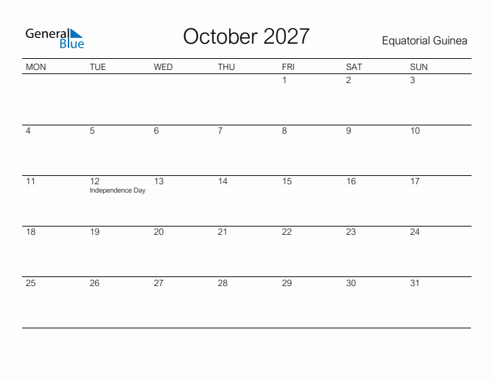 Printable October 2027 Calendar for Equatorial Guinea