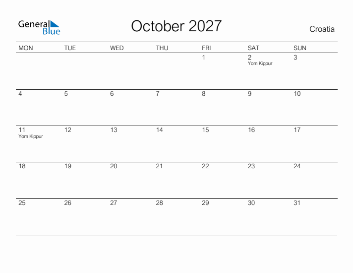 Printable October 2027 Calendar for Croatia