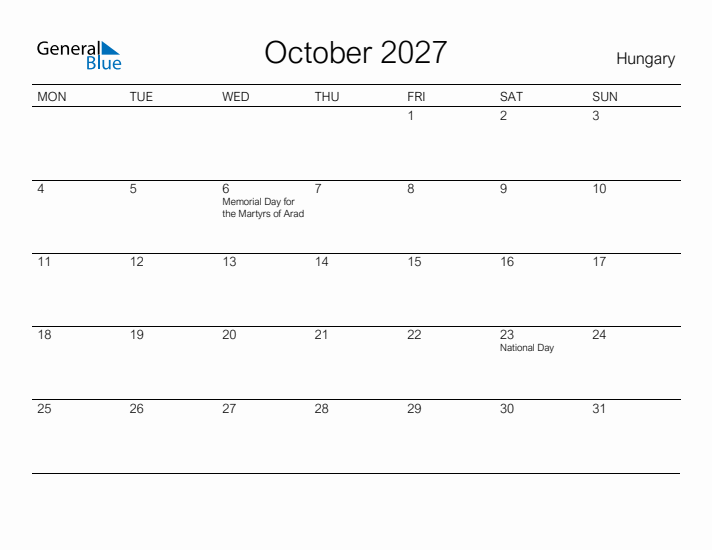 Printable October 2027 Calendar for Hungary