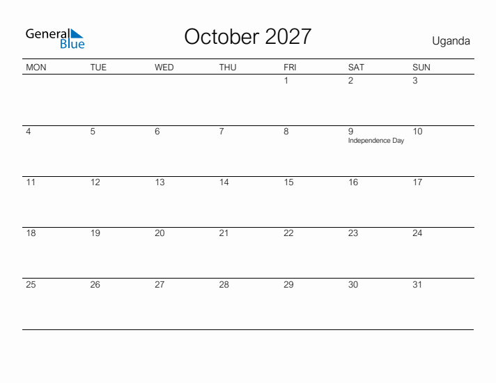 Printable October 2027 Calendar for Uganda