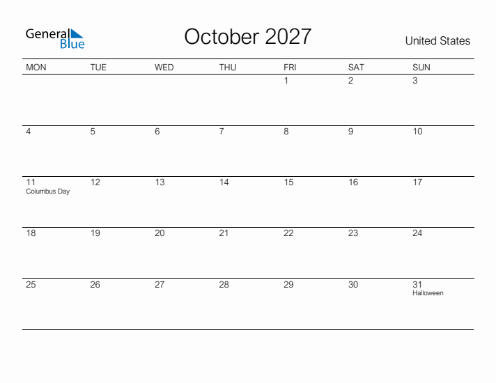 Printable October 2027 Calendar for United States