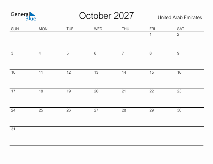 Printable October 2027 Calendar for United Arab Emirates