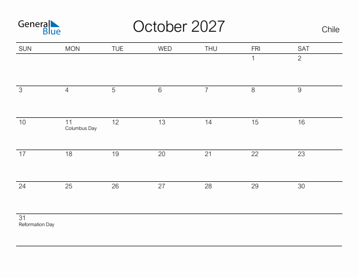 Printable October 2027 Calendar for Chile