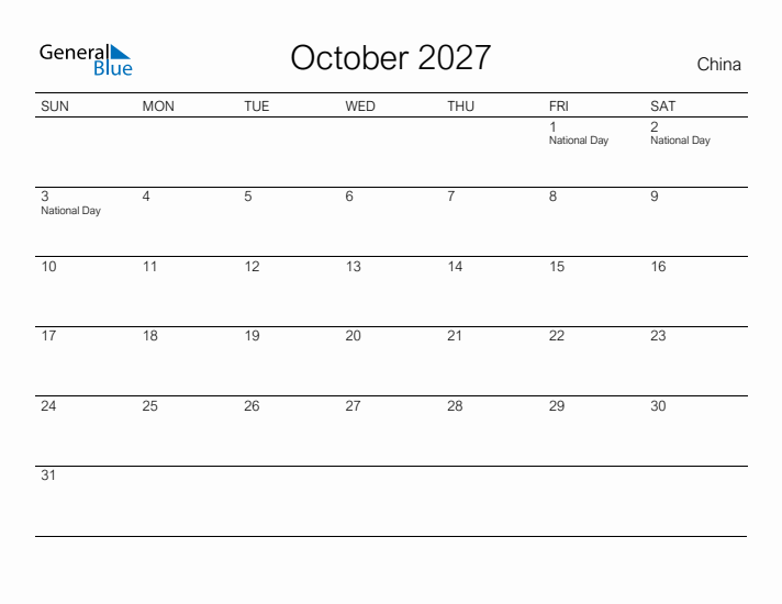 Printable October 2027 Calendar for China