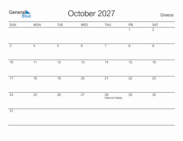 Printable October 2027 Calendar for Greece