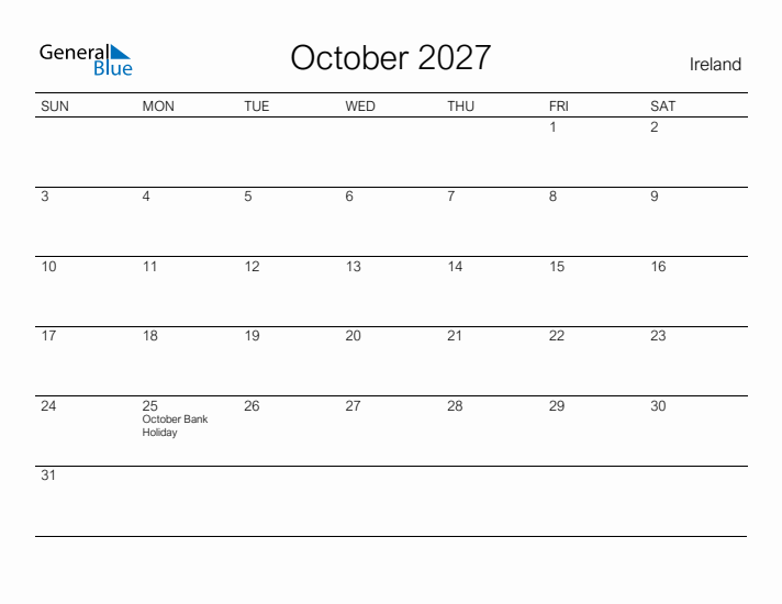 Printable October 2027 Calendar for Ireland