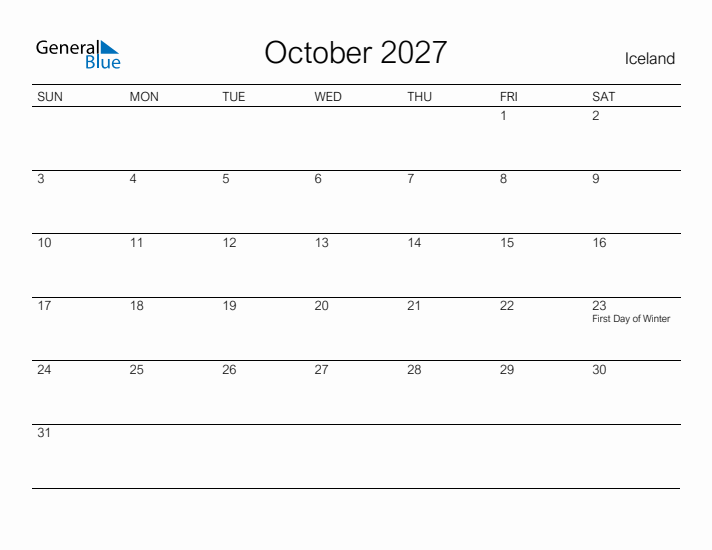 Printable October 2027 Calendar for Iceland