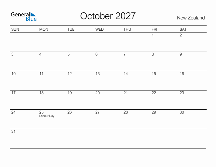 Printable October 2027 Calendar for New Zealand