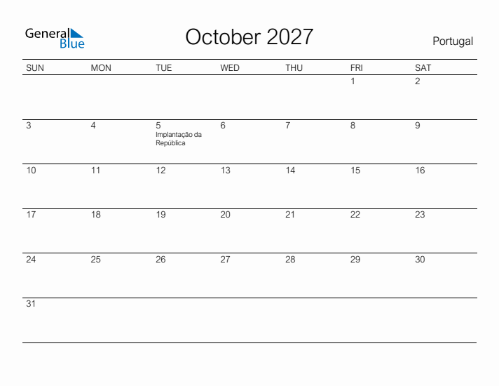 Printable October 2027 Calendar for Portugal