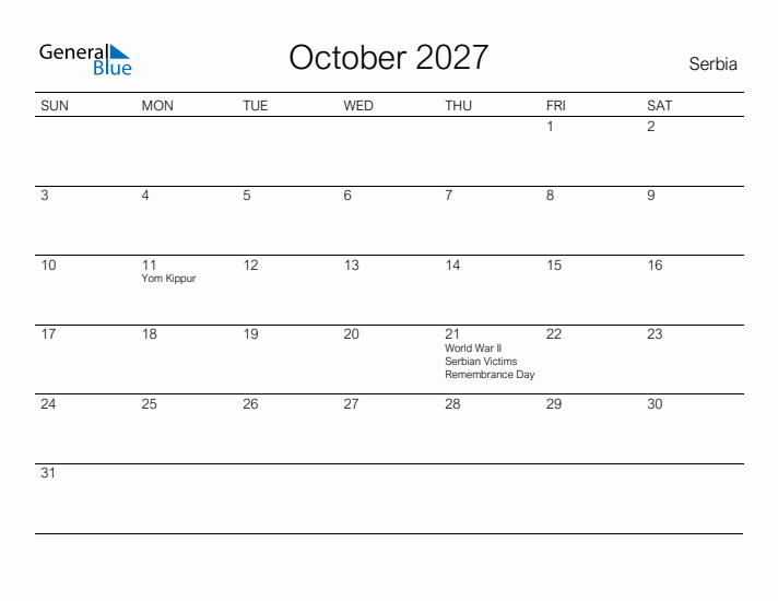 Printable October 2027 Calendar for Serbia