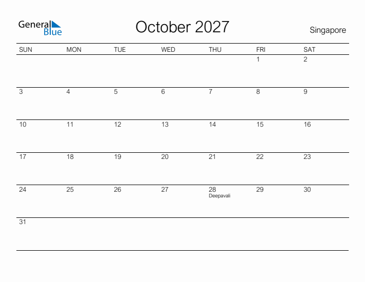 Printable October 2027 Calendar for Singapore