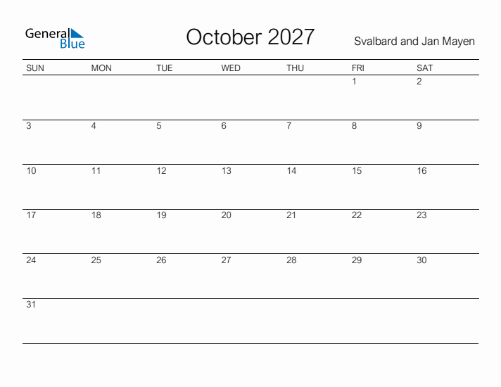 Printable October 2027 Calendar for Svalbard and Jan Mayen