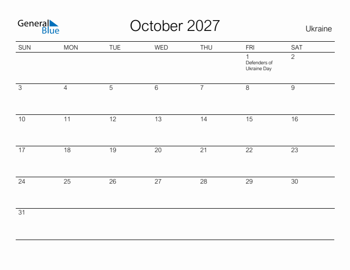 Printable October 2027 Calendar for Ukraine