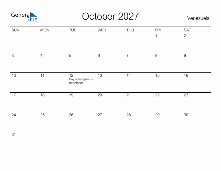 Printable October 2027 Calendar for Venezuela