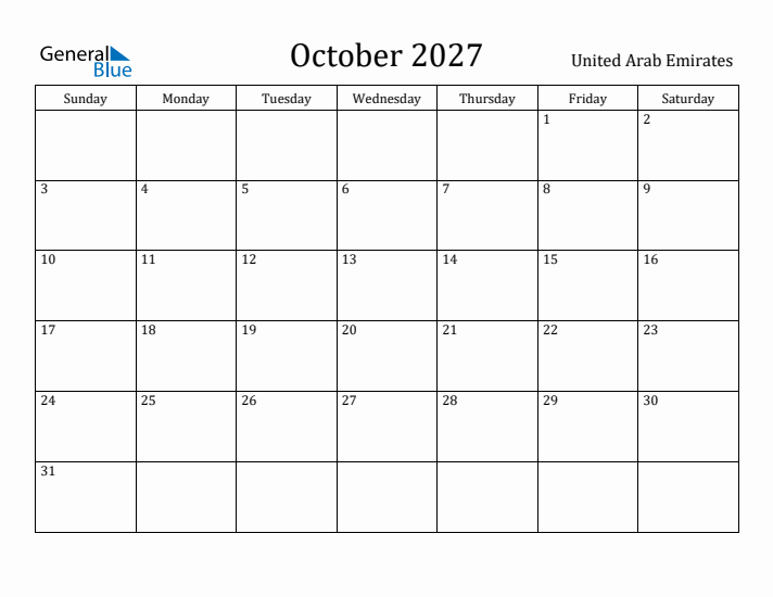 October 2027 Calendar United Arab Emirates