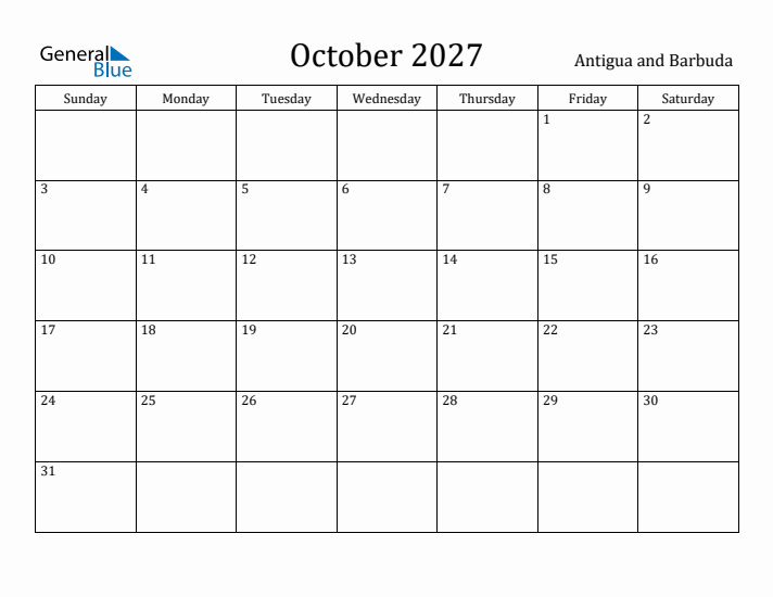 October 2027 Calendar Antigua and Barbuda