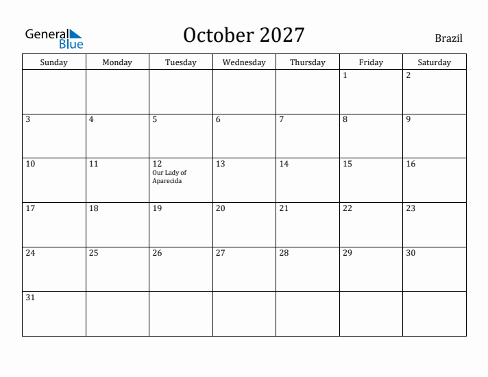 October 2027 Calendar Brazil