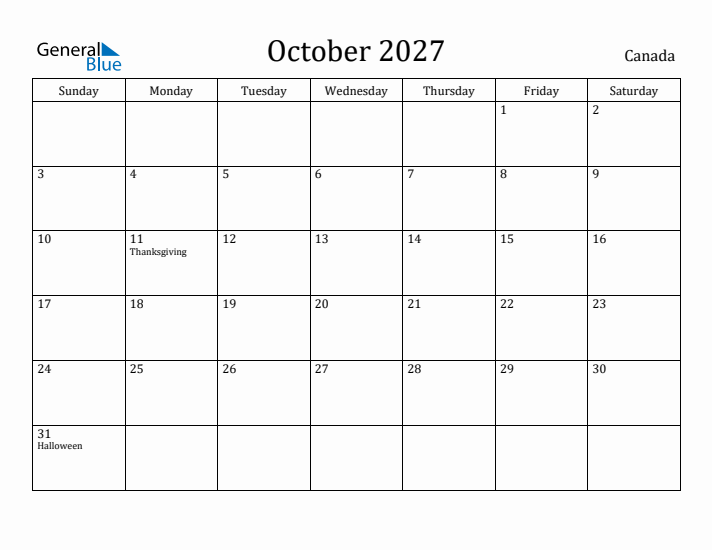 October 2027 Calendar Canada