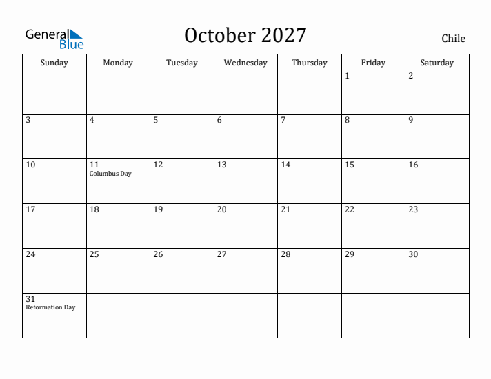 October 2027 Calendar Chile