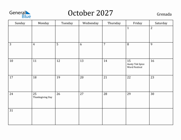 October 2027 Calendar Grenada