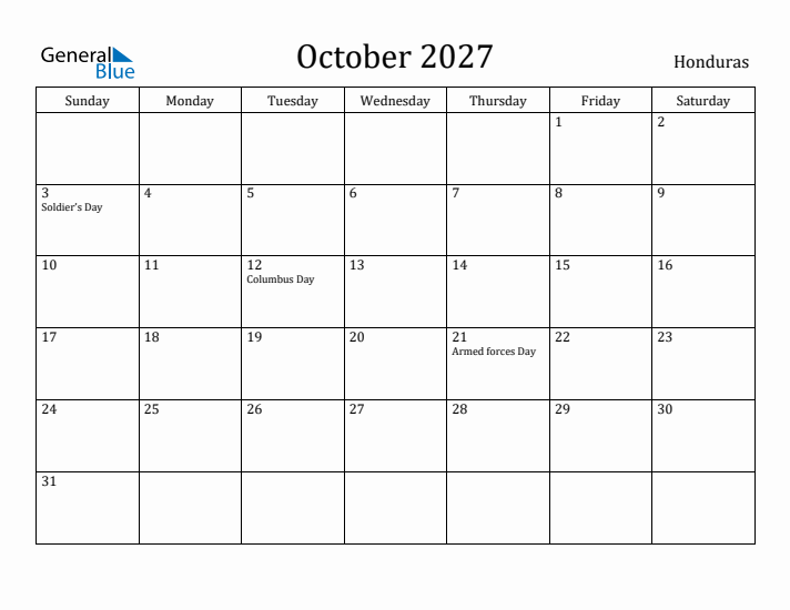 October 2027 Calendar Honduras