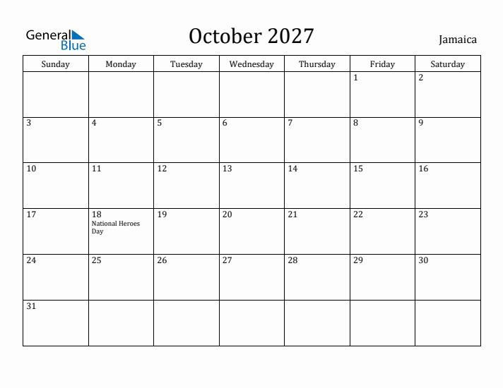 October 2027 Calendar Jamaica