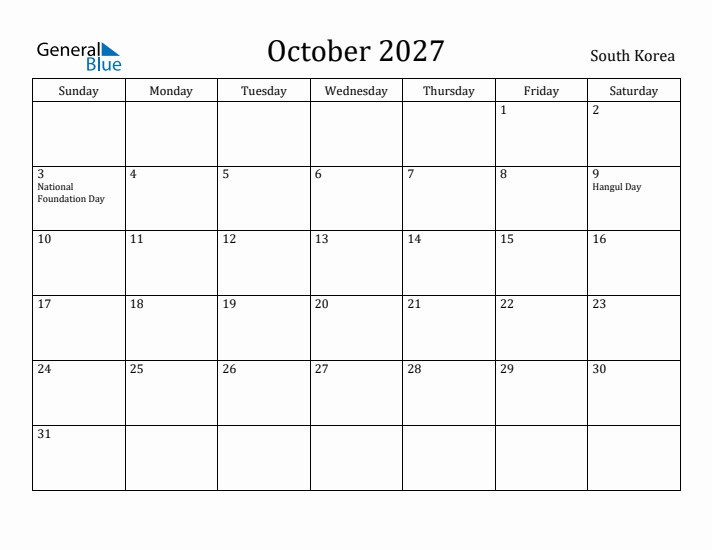 October 2027 Calendar South Korea