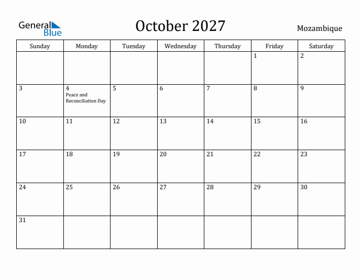 October 2027 Calendar Mozambique