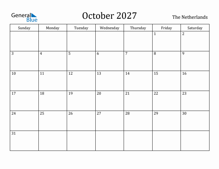 October 2027 Calendar The Netherlands