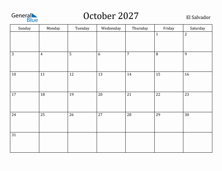 October 2027 Calendar El Salvador