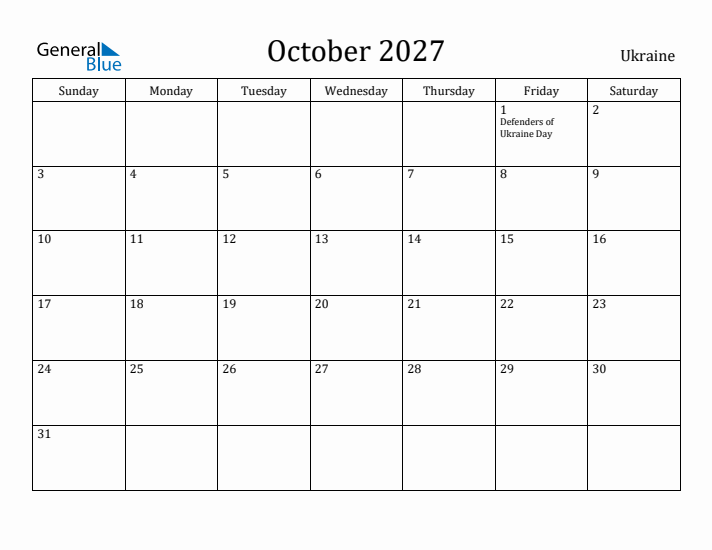 October 2027 Calendar Ukraine